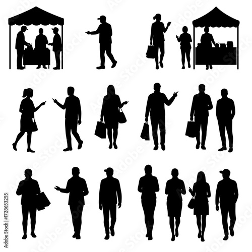Black silhouettes of people walking, standing, and shopping at market stalls on a white background.