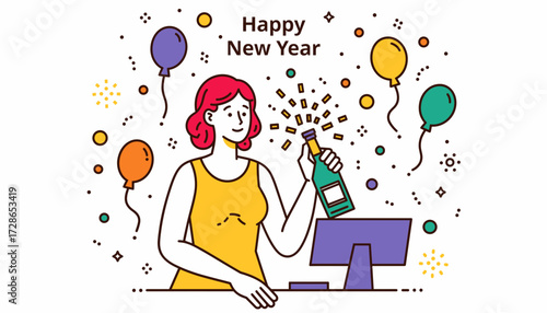 Woman celebrating New Year by popping champagne bottle with balloons  