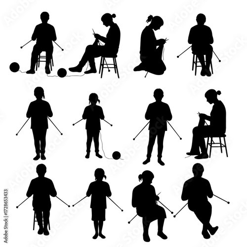 Silhouetted figures engaged in various knitting activities, showcasing different poses.