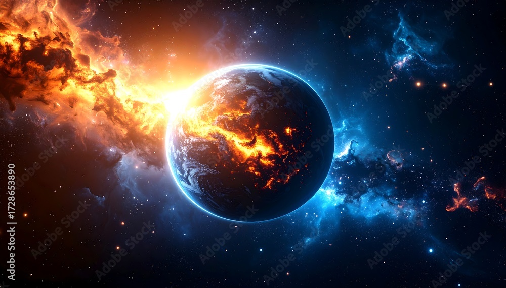 Fototapeta premium Fiery planet in cosmic nebula