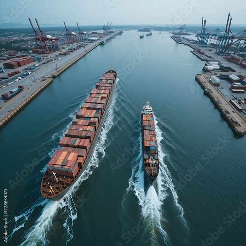 Cargo ship barge and tugboat sail to meet each other in the seaport of the port, aerial view.