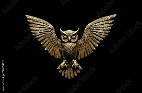 A detailed, symmetrical depiction of a bird with outstretched wings, rendered in a bronze tone, on black