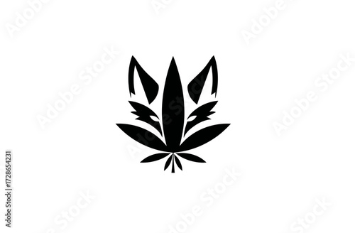 Black and white cannabis leaf illustration, with a stylized fox face incorporated into the design
