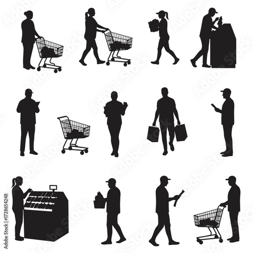 Silhouettes of people shopping, including pushing carts, carrying bags, and at checkout counters.