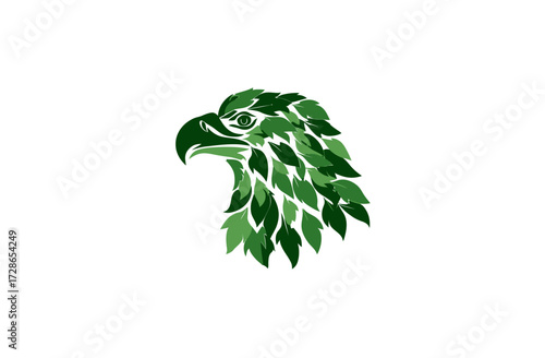 Cuadro en lienzo An eagle's head is made up of overlapping green leaves, set against a white back