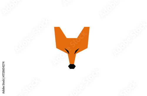 Stylized flat orange fox head with black nose and eyes, on a clean white background