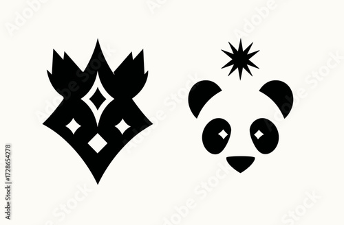 A minimalist graphic, consisting of a black floral ornament and a panda face with a star crown