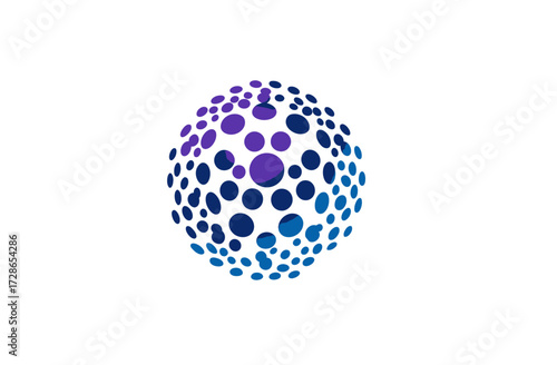 Abstract gradiented sphere made up of blue and purple circles against a white background