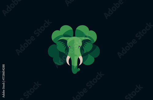 A green elephant's head is framed by a four-leaf clover. The background is a deep shade of blue
