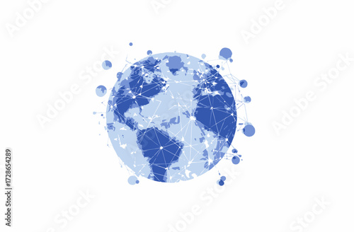 A stylized Earth illustration, depicted with a blue and white digital artistic rendering with connected points
