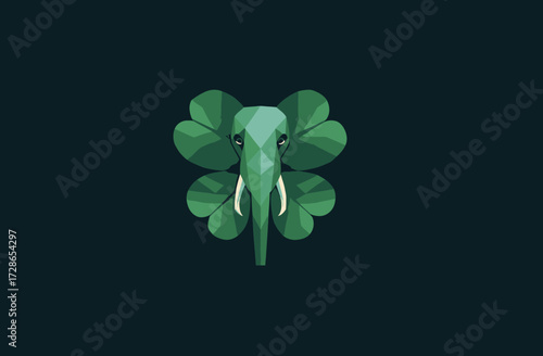 A geometric elephant face with tusks and eyes centered amidst a four-leaf clover. The background is dark