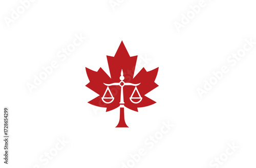Emblem depicting a red maple leaf, with scales of justice in white at the center