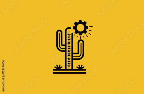 Stylized saguaro cactus with gear emblem on a mustard yellow background