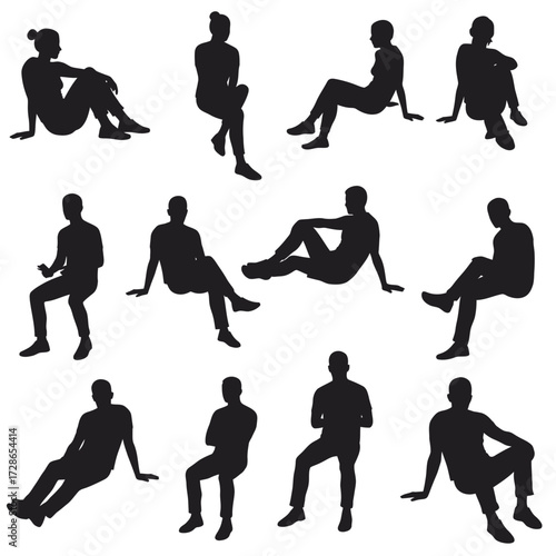 Silhouetted figures in various sitting positions, isolated on white background.