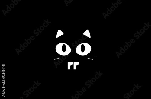 Minimalist white cat face with big eyes and teeth on black backdrop, cartoon style