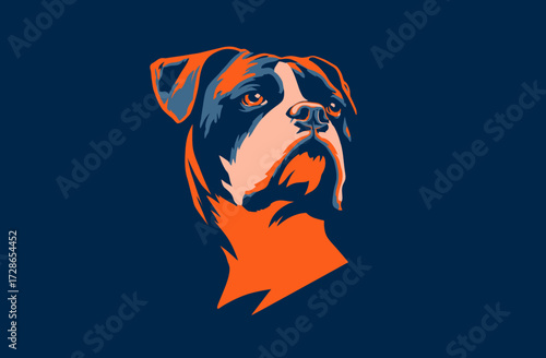 Stylized three-color illustration of a serious dog's head on dark blue background