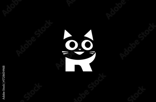 White cartoon cat face combined with a letter R on a black background