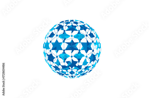 A geometric orb composed of interconnected blue star shapes on a plain white background