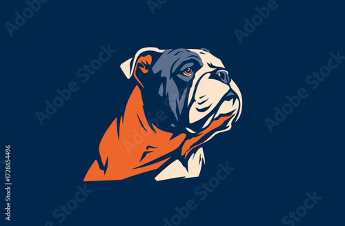 Graphic, head-shot image of a bulldog against a blue background