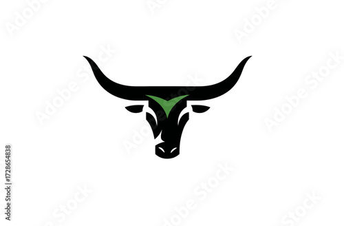 Stylized black bull head with long horns and green mark above its nose, on white