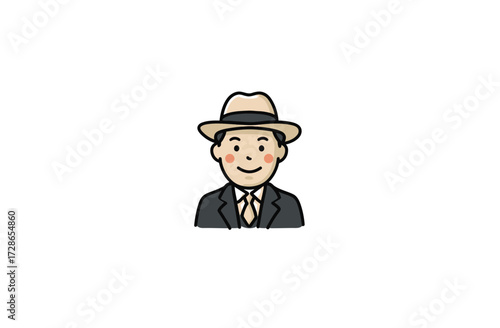 Cartoon-style drawing of a man wearing a fedora, suit, and tie on white background