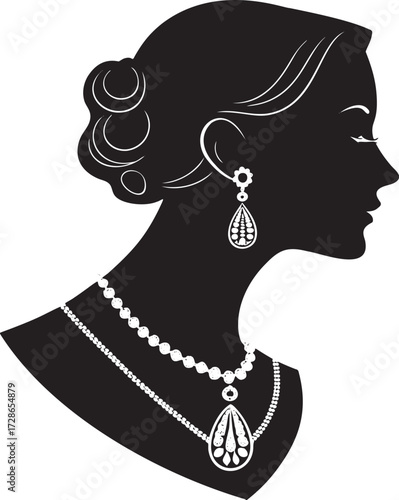 Black silhouette profile of a woman wearing pearl necklace and teardrop earring female head