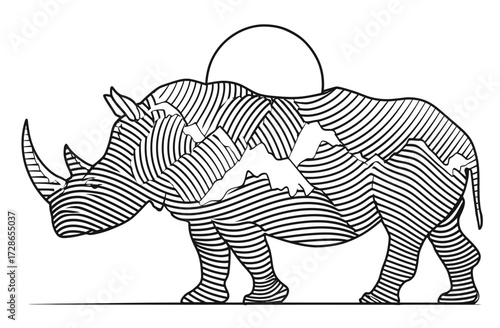 A stylized rhinoceros design with mountain and sun elements, drawn with patterned lines
