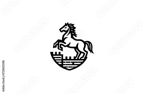 Silhouette of a prancing horse on a stylized fortress in simple black lines