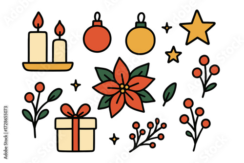 Festive Christmas Decorations with Candles Ornaments and Gift Box