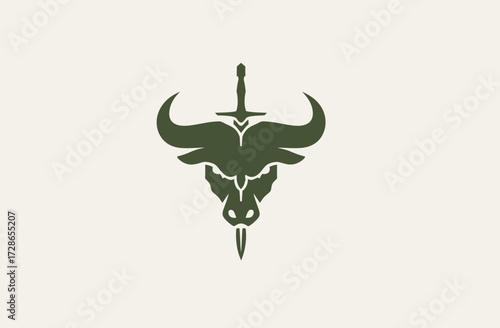 Green silhouette of a horned animal head with a sword through its head, set against a white backdrop