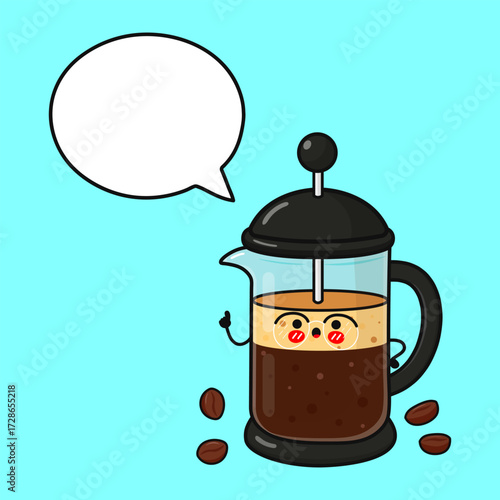 Cute French press coffee maker character speaking
