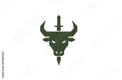 A minimalist geometric emblem depicting a bull's head impaled by a sword on a stark white background