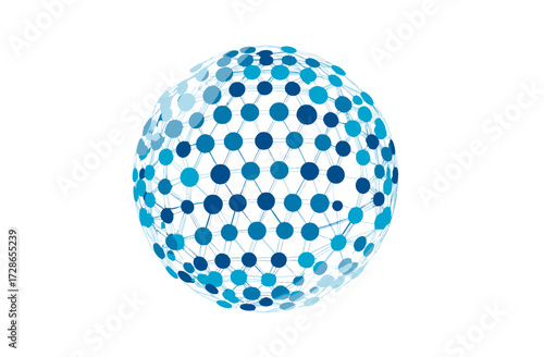 A digital depiction of a sphere constructed from interconnected blue circles against a white background