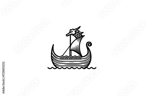 A stylized black and white illustration of a Viking ship with a dragon head and a striped sail