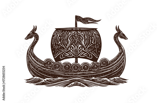 A stylized illustration of a longboat sailing on water with a detailed sail and decorative carvings