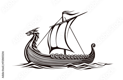 Monochrome image of a longship with a dragon head, sails, and water beneath