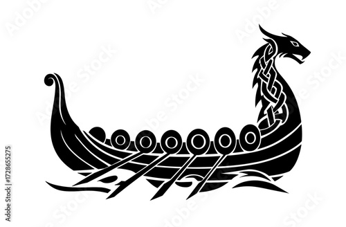 Black silhouette of a Viking longship with a dragon's head at the bow, sails, and oars