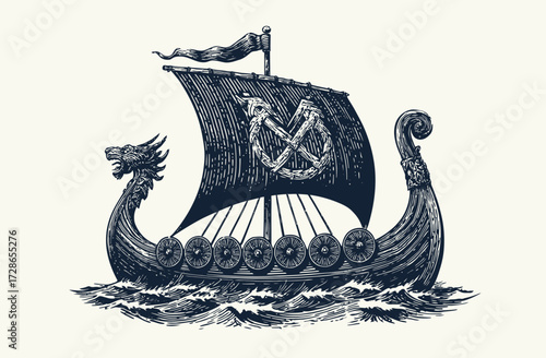 Stylized illustration of a longship on the water, featuring a dragon's head and ornate details