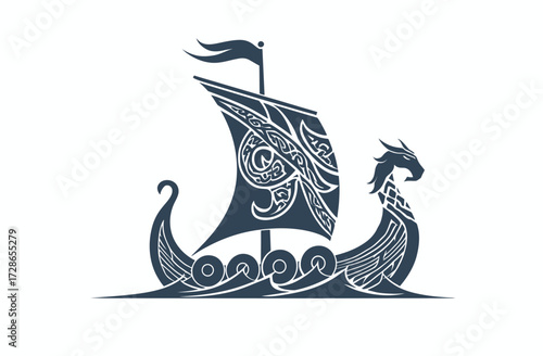 A dark blue illustration of a Viking ship on waves with a dragon head and ornate carvings