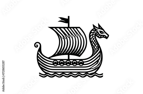 A stylized, black and white illustration depicts a Viking ship on the water. A dragon figurehead is featured
