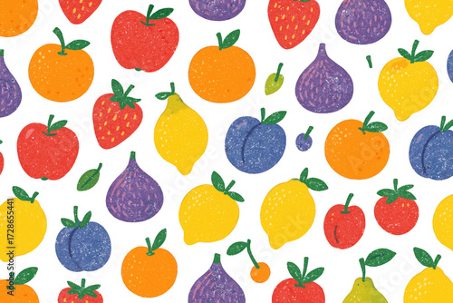 Colorful Fruit Pattern with Apples Lemons Strawberries and Blueberries on Transparent Background