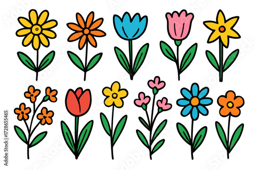 Colorful Cartoon Flowers Illustration Bright Vibrant Spring Nature Scene