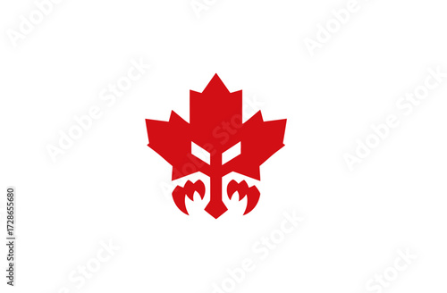 A stylized red maple leaf with a fierce beast face incorporated. It is a simplified illustration