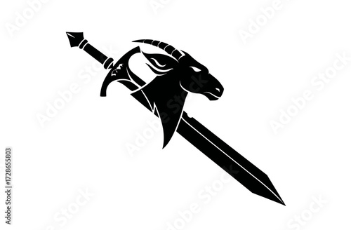 Black and white illustration. Depicts a sword through a goat head, a symbol of power and strength