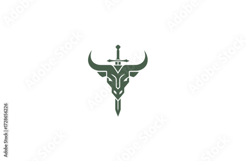 Minimalist olive silhouette bull skull with a sword through it on a clean white backdrop
