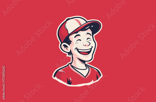A smiling young boy in baseball attire, wearing a cap, on a red background. Graphic style
