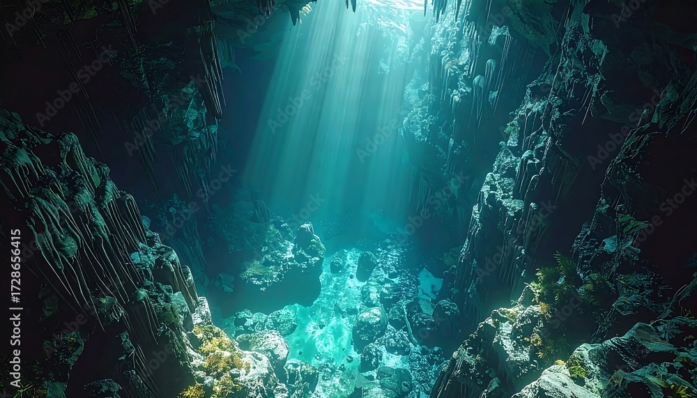 Obraz premium Sunbeams pierce the depths of a submerged cave, illuminating the turquoise water and rocky formations. The scene evokes a sense of mystery