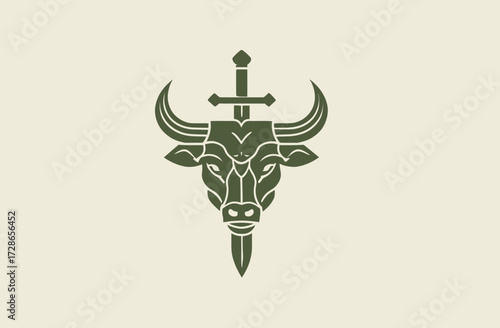 Olive bull's head intersected by a sword, centered on a cream background