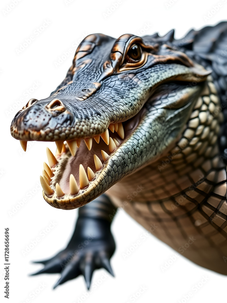 Fototapeta premium A closeup profile of a fearsome alligator or crocodile with sharp teeth and scaly skin, isolated on white isolated on transparent background