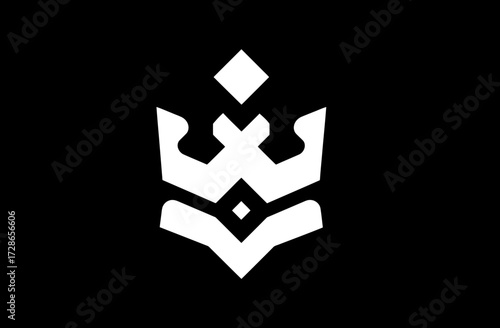 A white stylized crown-like emblem with sharp angles and a diamond on black background